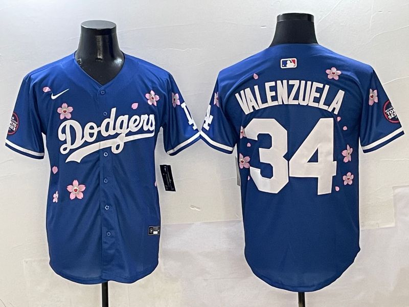 Men Los Angeles Dodgers 34 Valenzuela Blue Sakura Edition 2025 Nike MLB Jersey style 1
